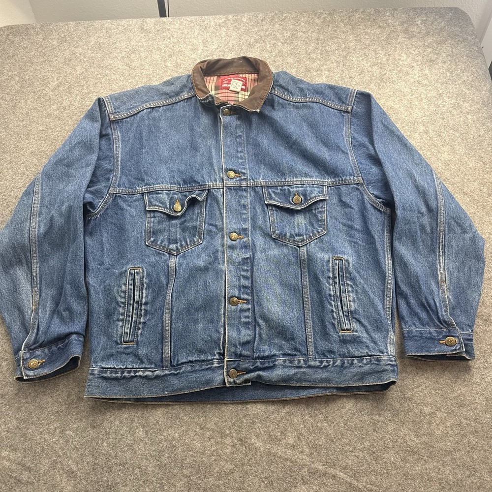 VTG Marlboro Jean Jacket Mens XL Blue Denim Trucker Leather Collar